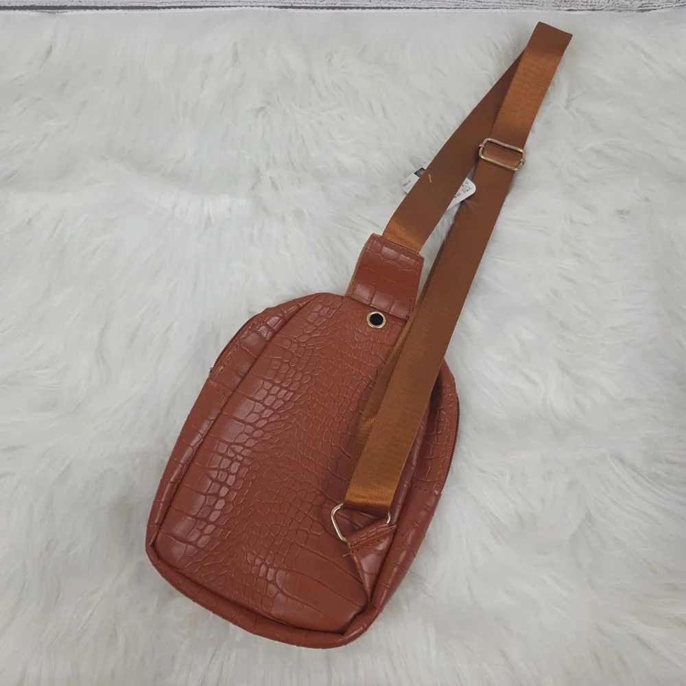 Brown Croc-Embossed Sling Bag